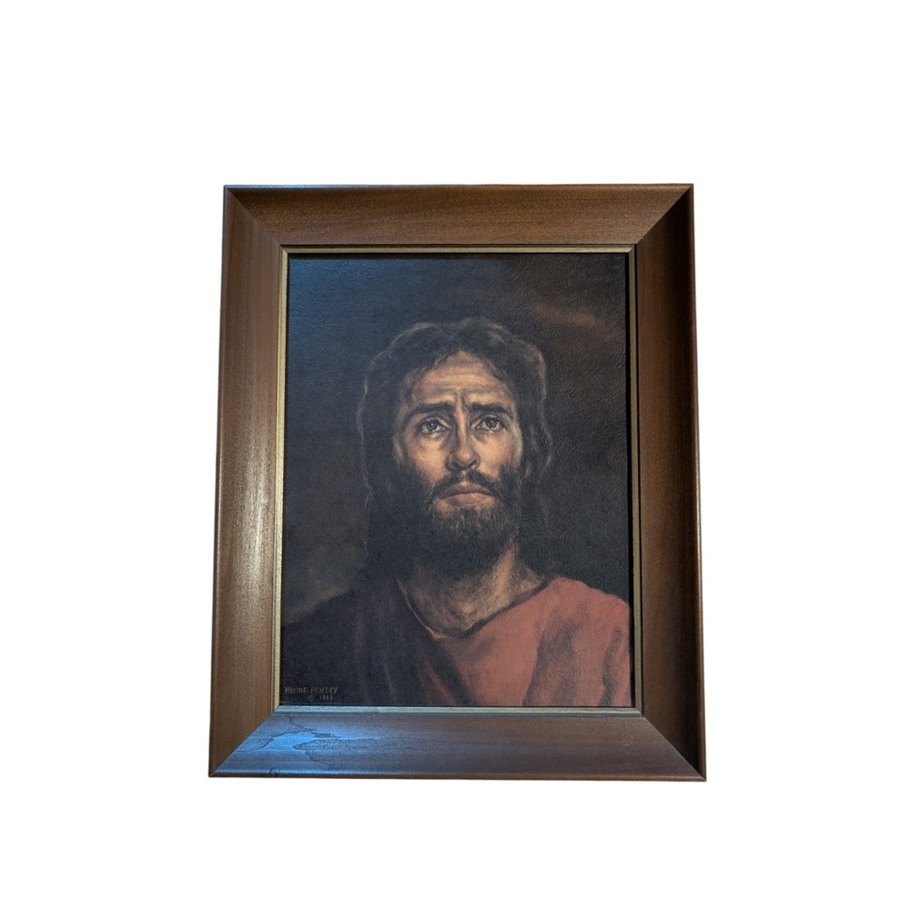Vintage 1968 Maxine Pendry Head of Christ Jesus Portrait Framed Religious Art